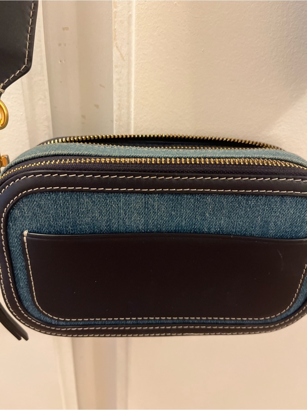 Tory Burch Mini Miller Denim Crossbody Bag Navy Leather Trim Logo Strap - Picture 4 of 12